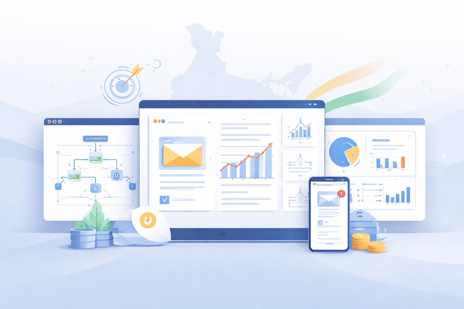 Best Email Marketing services in India, illustration with analytics charts, automation flows, and subtle India map accents in a clean blue corporate design