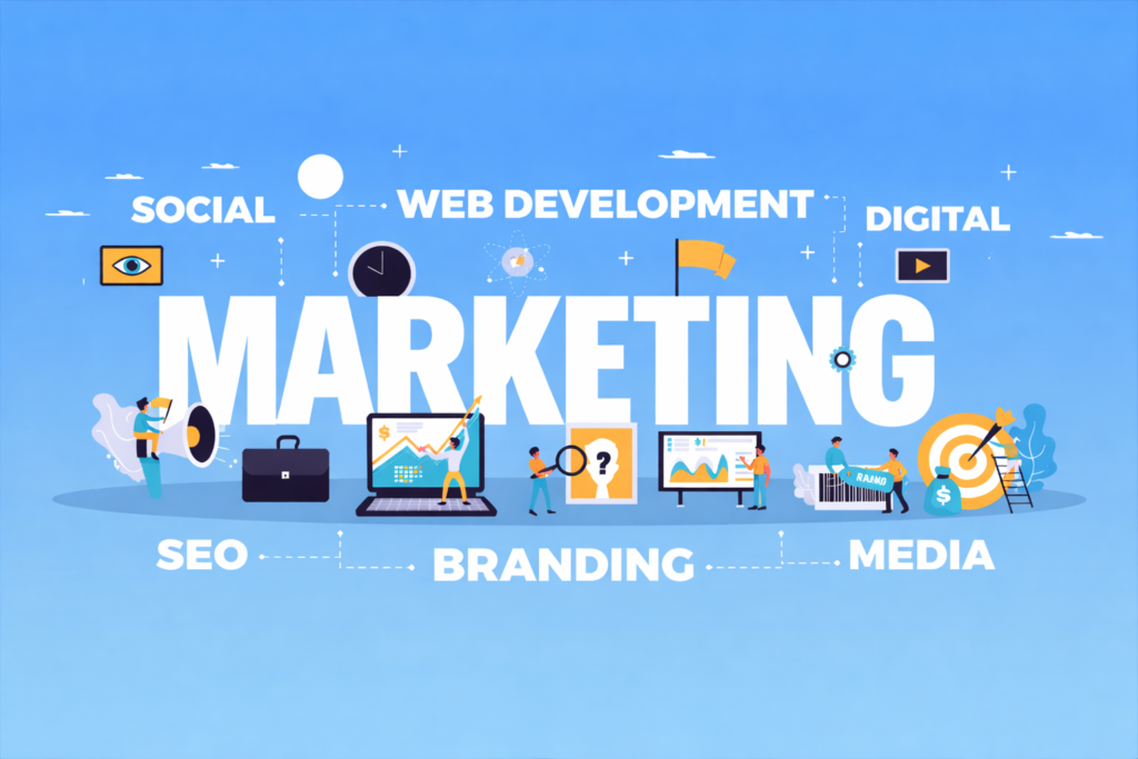 The future Digital Marketing illustration showing SEO, web development, branding, social media, and analytics concepts