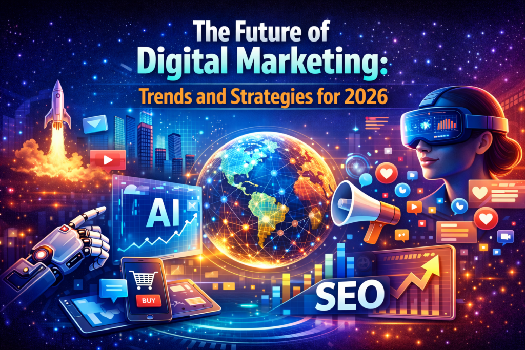 The future of digital marketing illustrated with AI, SEO, social media, and global digital trends for 2026