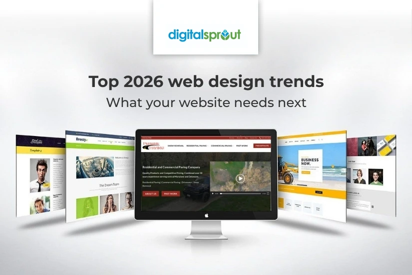 Every Business Needs a Website in 2026, this illustration showing modern website layouts on a desktop screen