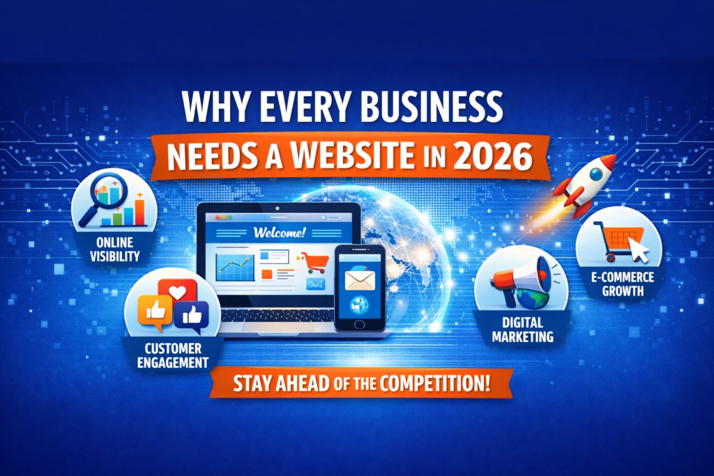 Infographic illustrating why every business needs a website in 2026 with digital marketing and e-commerce icons